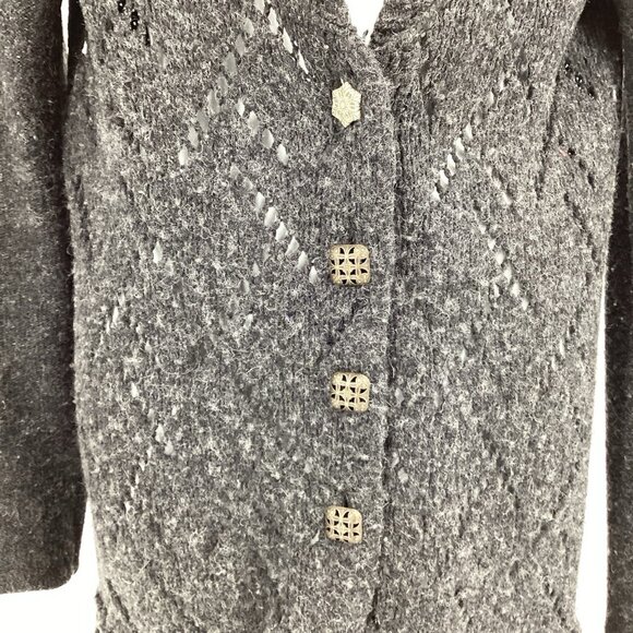 Free People Women's Gray Pointelle Eyelet Trim Knit Cardigan Dark Academia Sz M - Picture 10 of 10